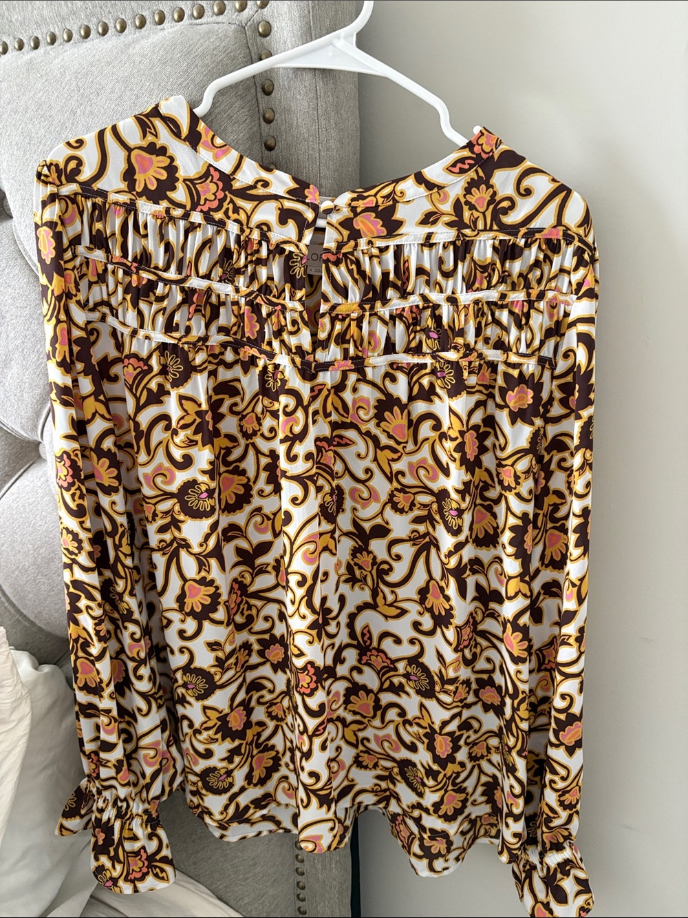 LOFT Smocked Floral Blouse in Cream, Brown & Pink